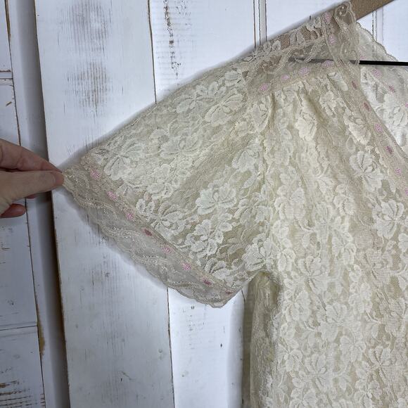 VTG Jenelle of California Sheer Cream Lace Pink Trim Peignoir Lingerie Jacket - Picture 4 of 9